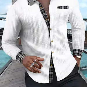 Men's Textured Waffle Knit Fabric Patchwork Plaid Shirt with Metal Design Buttons, Long Sleeves, for Outdoor Casual Wear