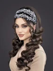 Double Layer Leaf Design Rhinestone Decor Headband, Elegant Bridal Headwear for Wedding Bridal Party Formal Occasions, Fashion Hair Accessories for Women