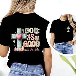 100% Cotton Religious Easter Design T-Shirt With Cross And Eggs God Is Good All The Time Print Spring Season Gift For Faithful Women And Christian Lovers
