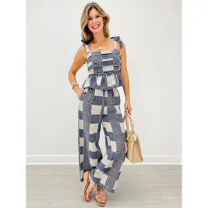 Gingham And Stripe Patch Effect Top and Pants Set