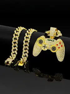 Retro Game Controller Pendant Necklace, Alloy Chain Zircon Jewelry, Street Style Art Culture Accessory, Trendy Unique Personalized Gift, Cuban Link Chain Necklace