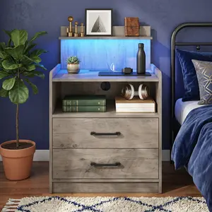 Modern LED Nightstand with Charging Station - 2 Drawers, Open Storage, RGB LED Lights, USB Ports & Power Outlets - Smart End Table for Bedroom, Living Room