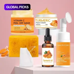 Turmeric Skin Care Kit, 6 Counts/set Including Soap & Face Cream & Mousse Cleanser & Face Oil & Vitamin C Peel Off Mask & Soap Bag, Skin Care Kit for Women & Men, Turmeric Glow Set