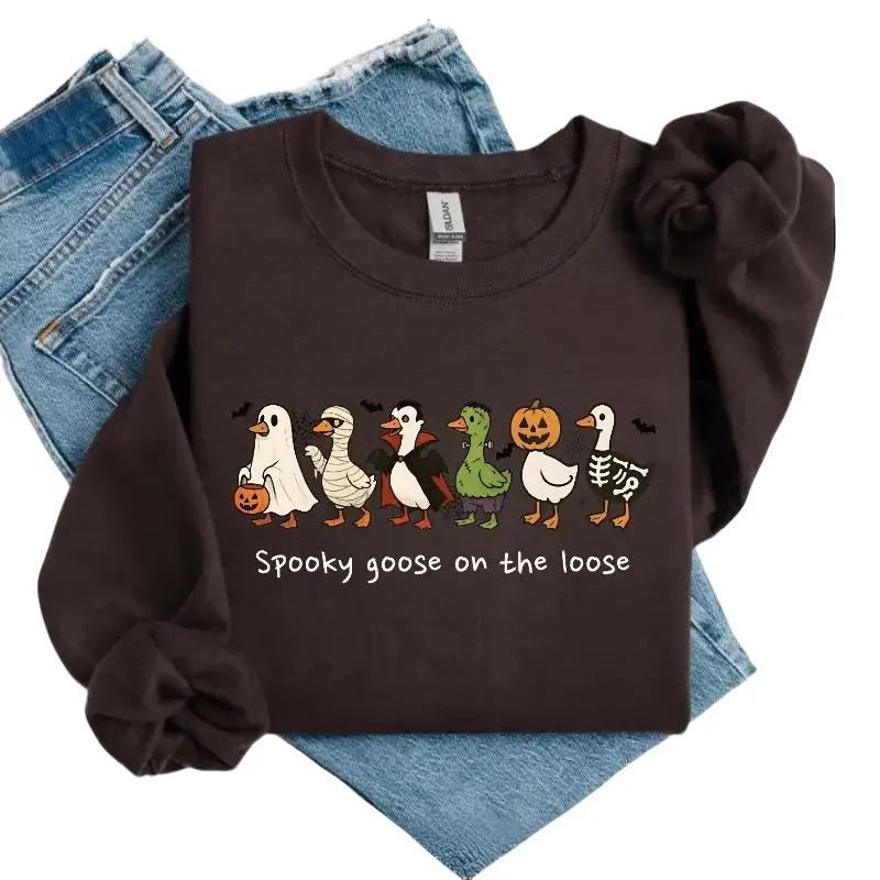 Spooky Goose on the Loose Sweatshirt, Funny Halloween Goose Graphic Tee, Cute Spooky Season T-Shirt, Vintage Fall Halloween Apparel – TrendWear USA