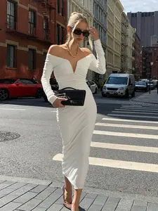 Women's Elegant One-Shoulder U Neck Dress, Thin Fabric Tight-Fitting Fall & Winter Fashion, Stylish Kint Design for Ladies, Formal Wear