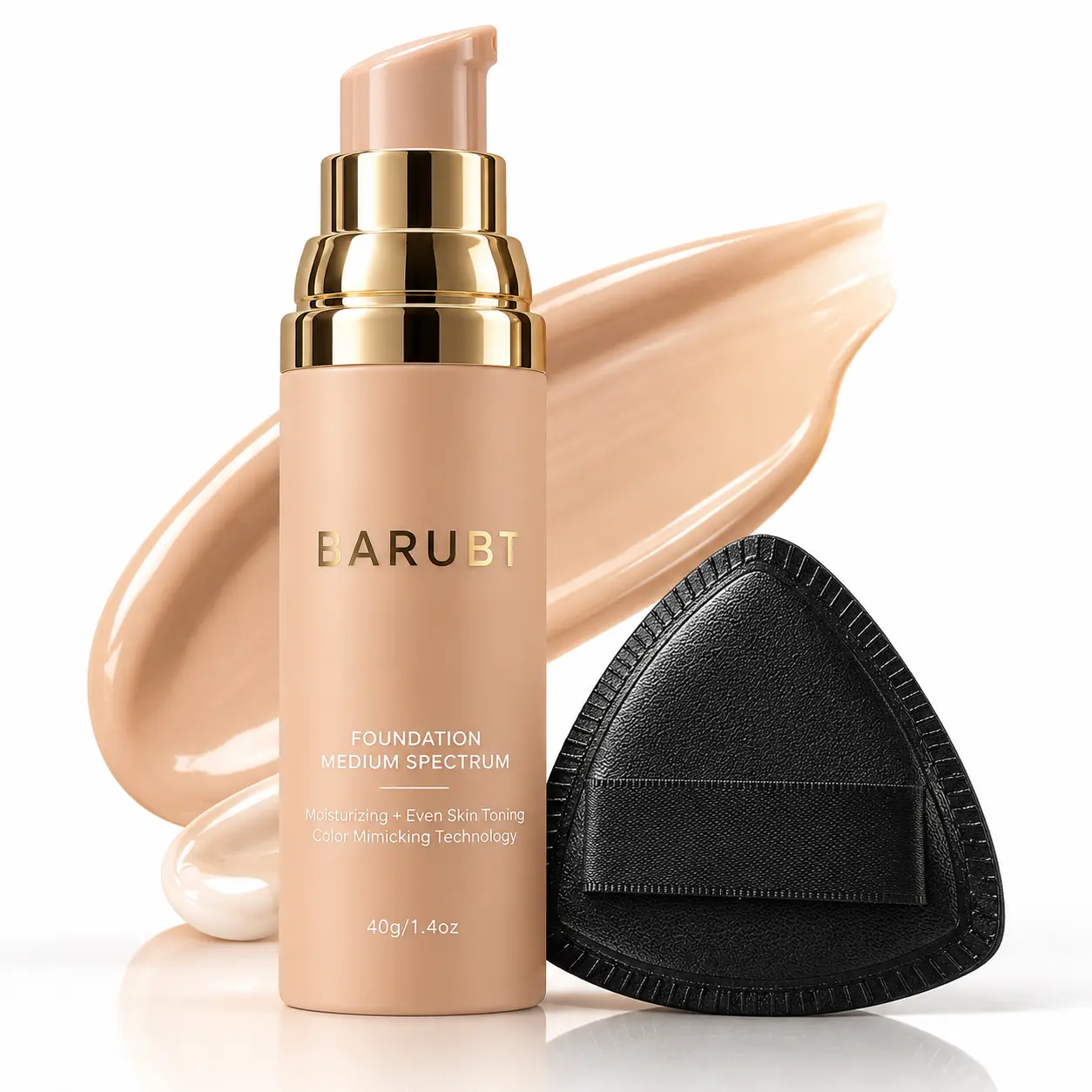 Medium Shade Color-Changing Cream Foundation Set with Triangle Makeup Puff, Sheer Skin-Like Finish, Silky Easy-Blend Formula for Natural Everyday Makeup, 40g