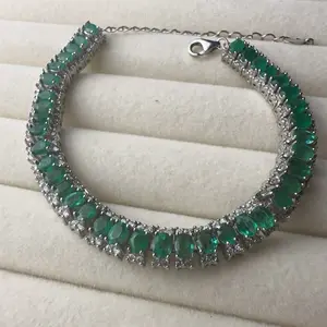 <PingEast jewelry > Emerald bracelet04--925 sterling silver tennis bracelet set with 38 vivid natural Colombian emeralds — timeless elegance with certificate included
