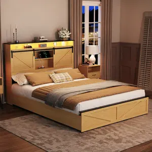 Queen Size Bed Frame with Bookcase Storage Headboard, Charging Station and LED Lights, Wood Queen Platform Bed Frame Queen Size with 2 Drawers, Barn Door Design, Noiseless, No Box Spring Needed, Natural