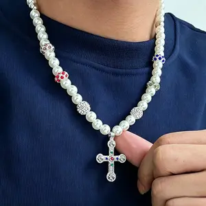 Vintage Luxury Multicolor Artificial Crystal Cross Necklace with Imitation Pearls, Men's Charm Costume Jewelry