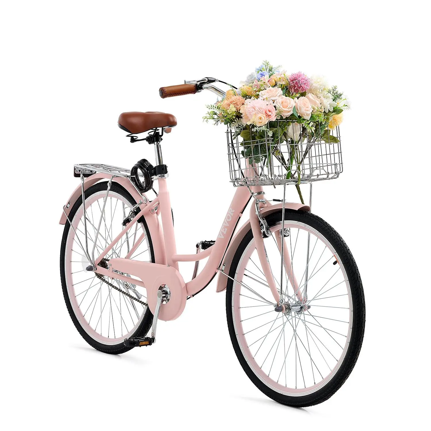 VEVOR 26-Inch Cruiser Bike 1-Speed Pink Beach Cruiser Bike with Basket VEVOR 26-Inch Cruiser Bike 1-Speed Pink Beach Cruiser Bike with Basket