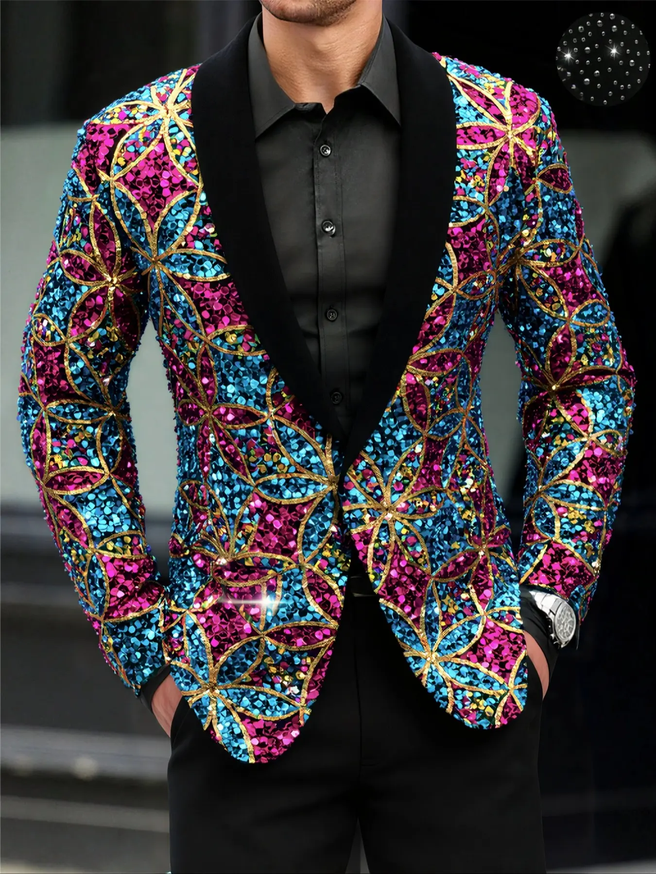 Men's Blue Sequin Suit Jacket, Long Sleeve, Festive Party Performance Costume, Formal Evening Wear, Perfect for Banquets and Events, Menswear
