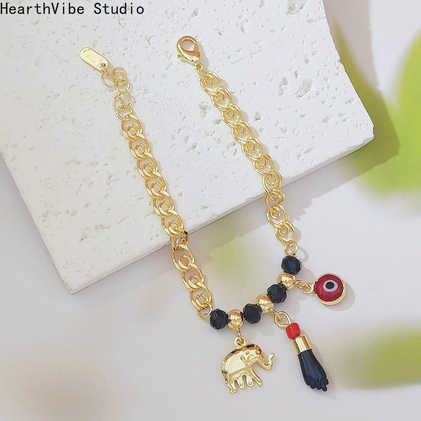 Bohemian Style Elegant Jewelry Bracelet, Red & Black Beads, Devil's Eye, 14K Gold-Plated Copper Elephant Charm, Golden Tone Bracelet, Unisex Sports Wristband for Sports & Outdoor Use