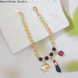 HearthVibe Studio Bohemian Style Bracelet Red & Black Beaded Devil's Eye Elephant Copper Plated 14K Gold Charm Jewelry