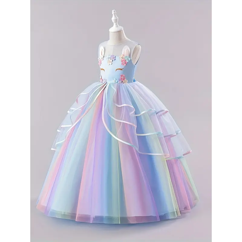Girls' Rainbow Tulle Unicorn Dress - Sleeveless Magical Gown with Floral & Unicorn Details, Ideal Parties, Occasions