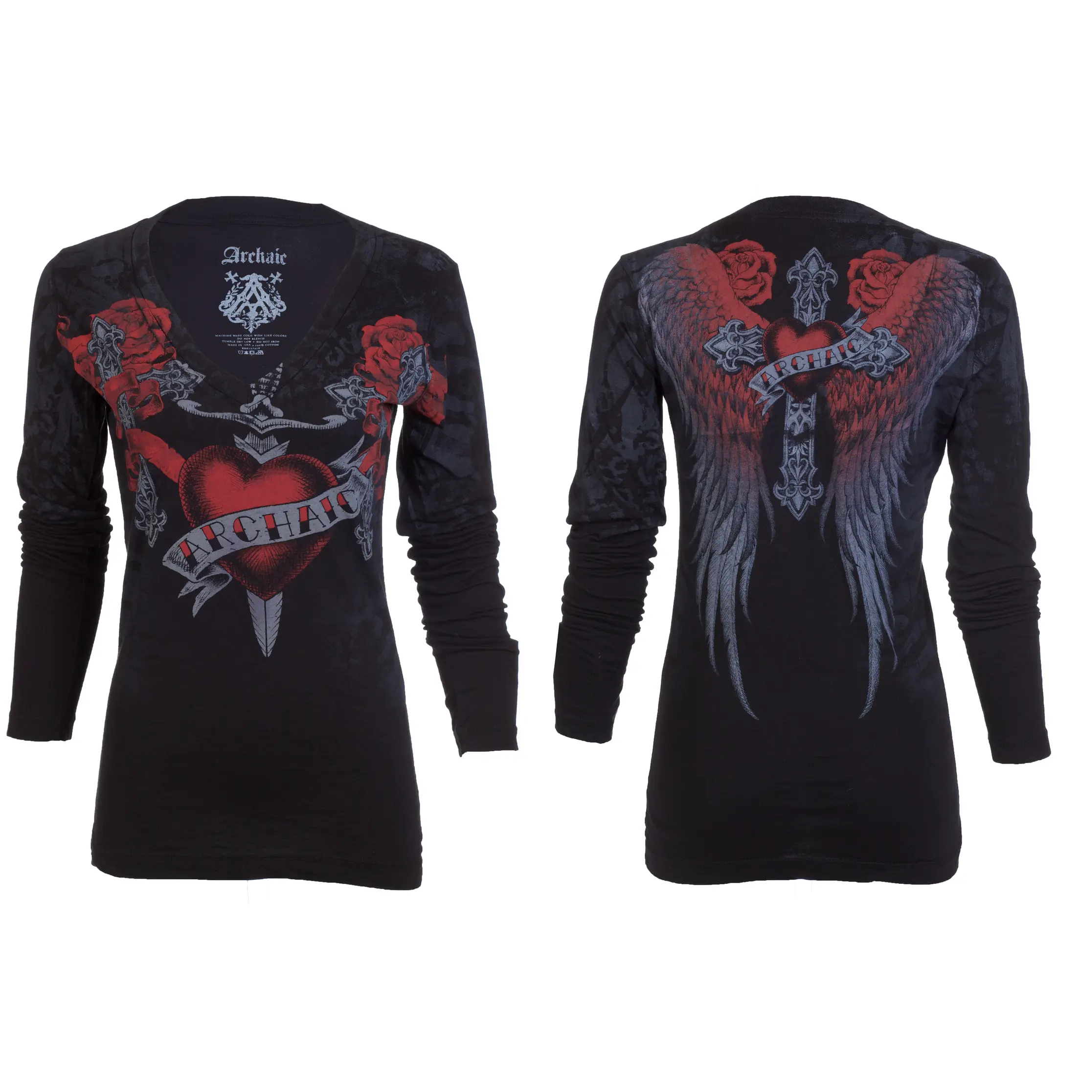 Long Sleeve T-Shirt for Women, Casual V-Neck Top with Heart Struck Graphic Print on Front and Back, 100% Cotton, Printed, Tshirt, Longsleeves, All Seasons, Machine Wash