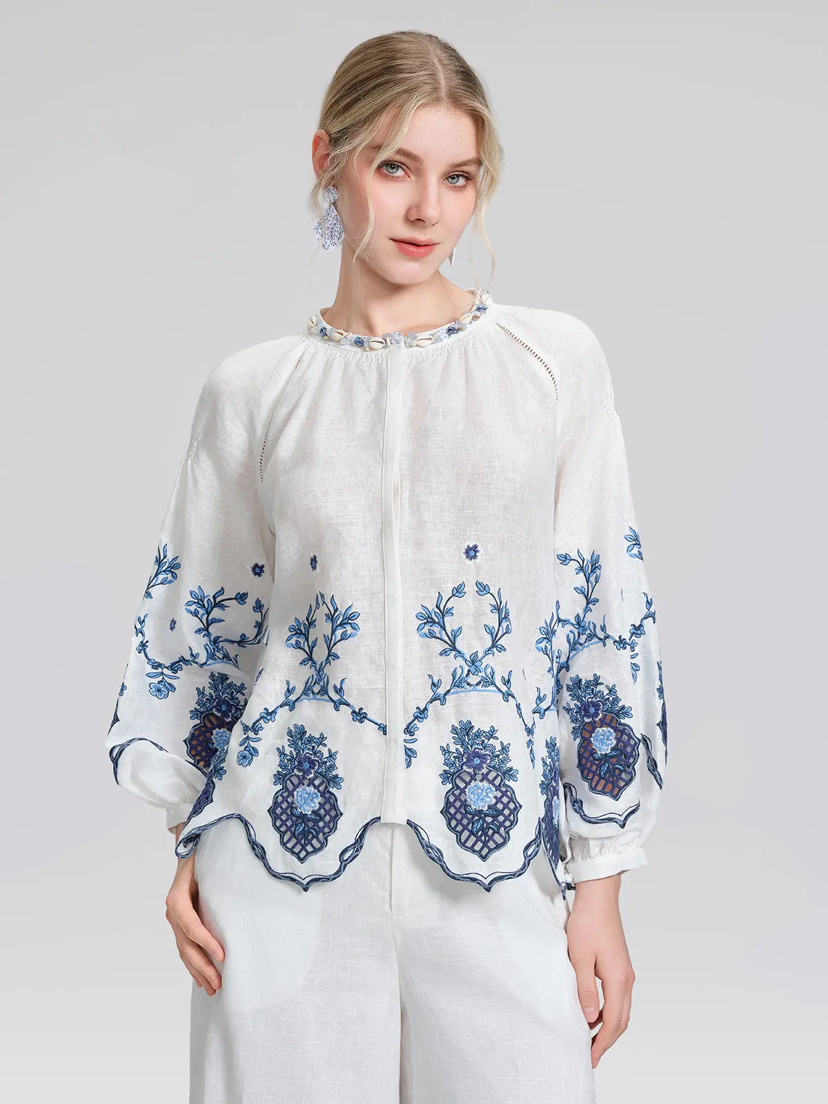 Linen Embroidered Cutwork Balloon Sleeve Top