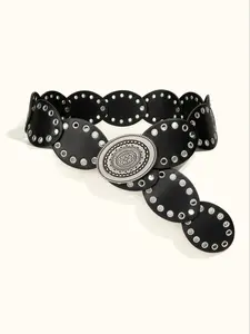 Women's PU Wide Waist Belt, Boho Style Silver Color Rivet Buckle, Versatile Dress Jeans Casual Pants, Fashion Street Accessory, Vintage Western Belt