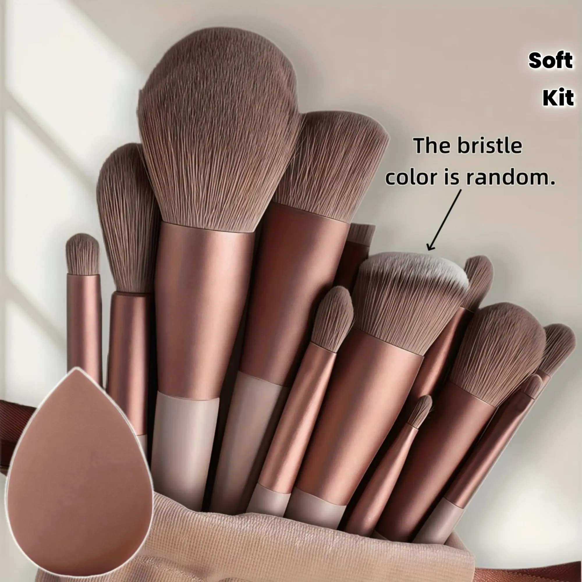 14-piece makeup brush set, including: 13 makeup brushes + 1 brown beauty blender. soft, fluffy, professional-grade brushes for foundation, loose powder, eyeshadow, and blending. comes with a storage bag and beauty blender in a gift box. Cosmetic Brushes