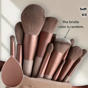 14-piece makeup brush set, including: 13 makeup brushes + 1 brown beauty blender. soft, fluffy, professional-grade brushes for foundation, loose powder, eyeshadow, and blending. comes with a storage bag and beauty blender in a gift box. Cosmetic Brushes