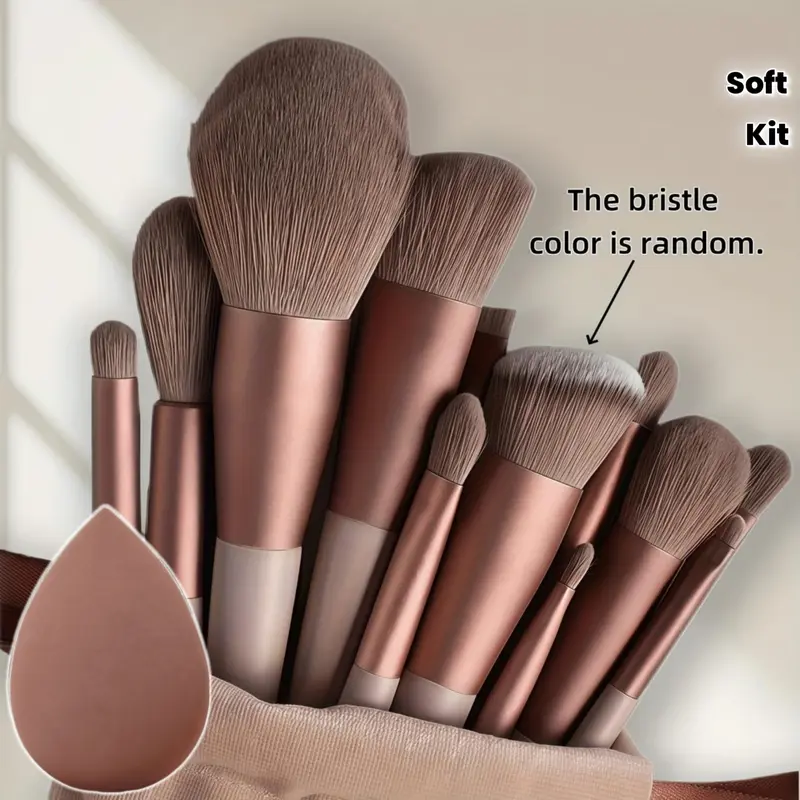 14-piece makeup brush set, including: 13 makeup brushes + 1 brown beauty blender. soft, fluffy, professional-grade brushes for foundation, loose powder, eyeshadow, and blending. comes with a storage bag and beauty blender in a gift box. Cosmetic Brushes