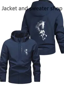 Men's Lightweight Polyester Fashion Hooded Jacket, Horse Print, Front Zipper, Casual Outdoor Spring Fall Summer Coat