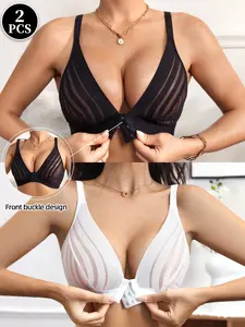 2PCS Women's Comfort Bralette Underwear with Deep V Neck, Adjustable Strap, Buckle, Medium Support, Breathable Contrast Mesh for Daily Wear