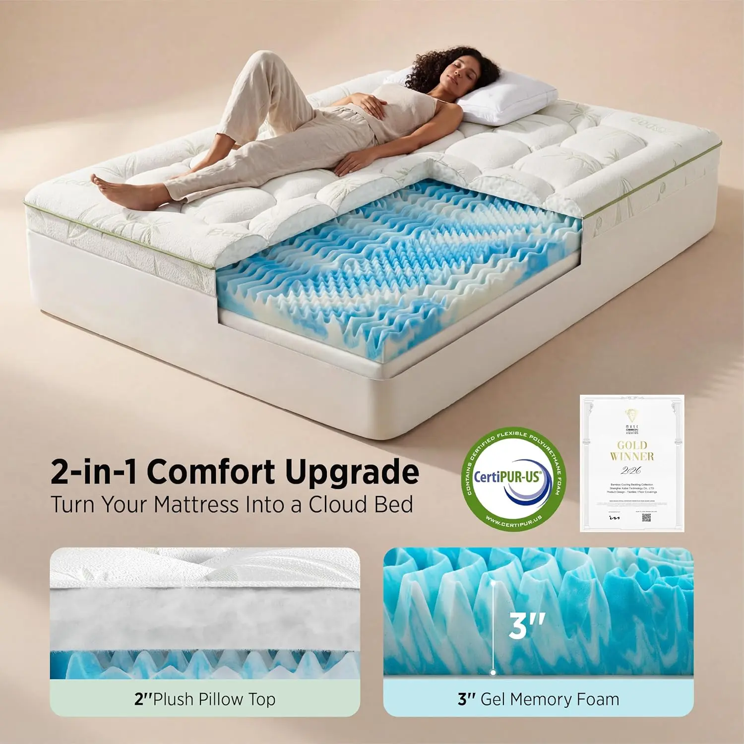 Bedsure Dual-Layer 5 Inch Twin Memory Foam Mattress Topper, 3 Inch Memory Foam + 2 Inch Viscose Made from Bamboo Mattress Topper Pad Cover, Flippable Memory Foam with Dual Comfort,