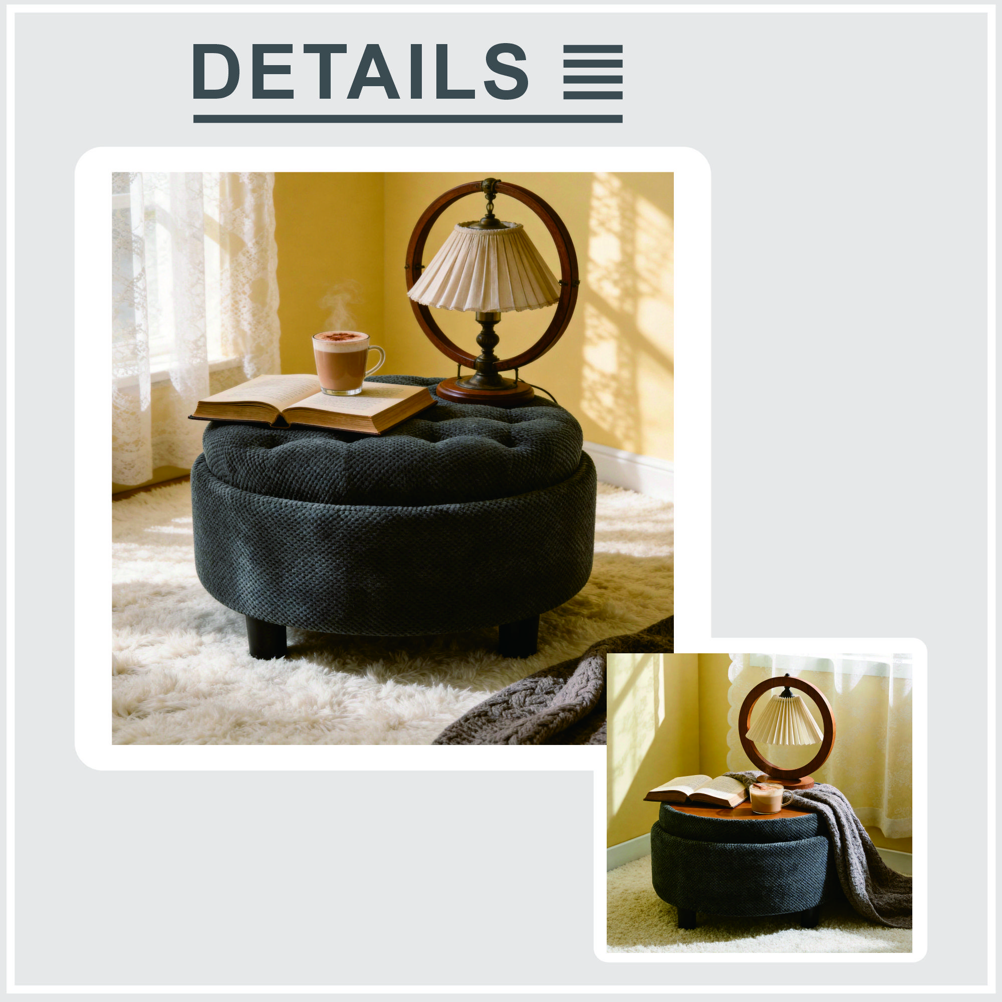Modern 25 Inch Round Storage Ottoman Coffee Table with Tray & Removable Top, Tufted Upholstered Circle Ottoman for Living Room Bedroom, Dark Grey/Light Grey/Black/Dark Green/Coffee/Camel