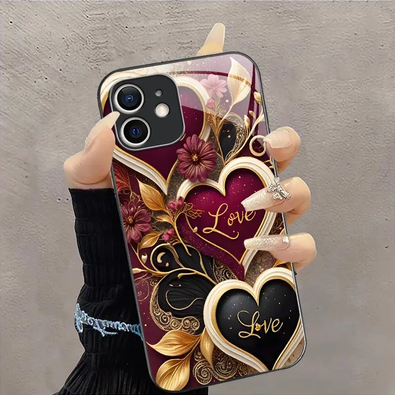 Suitable for [iPhone 12 ] Luxury Heart Love Floral Phone Case (Optional Lanyard Strap), Metallic Painted Glass Phone Case, Elegant Aesthetic Protective Cover, Cute Gift for Her -JS996