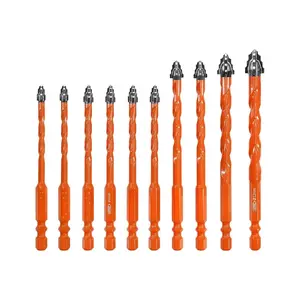 Four  Serrated Eccentric Masonry Drill Bit  - 10 count 3/16" - 1/2" Carbide Concrete Drill Bits for Masonry/Brick/Concrete/Tile/Glass//Plastic/Marble