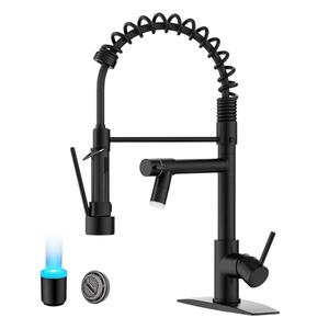 FORIOUS Commercial Matte Black Stainless Steel Spring Kitchen Faucet - Dual Heads, LED Pull Down Sprayer, 360° Swivel, Standard Aerator (Anti-Splash Aerator Matte Kitchen Taps with Pull Down Sprayer), Kitchen Faucets With Pull Down Sprayer