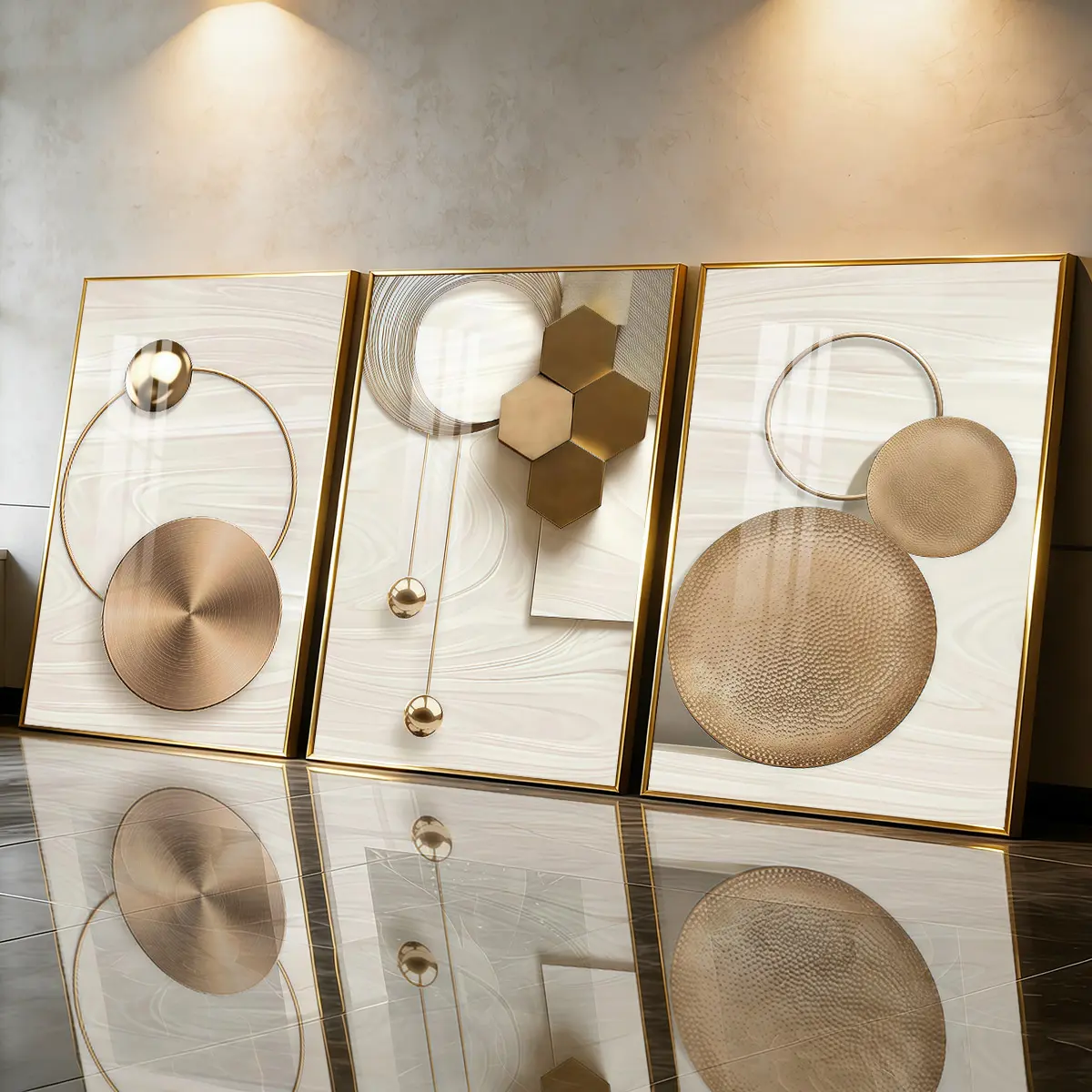 3 Count Aluminum Alloy Frame Canvas， Fashion Poster， Gold geometric circle abstract wall art， Modern Living Room Decoration， Light Luxury Family Art， Suitable For Bedroom， Corridor And Office Wall Decor， Gift