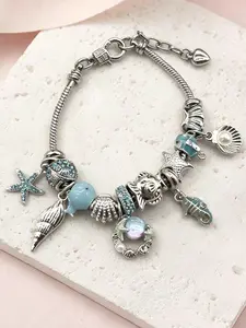 Oceanic Blue Summer Bracelet with Rhinestones, Starfish & Seashell Charms, Detachable Wristband, Daily Wear Jewelry, Gift Idea