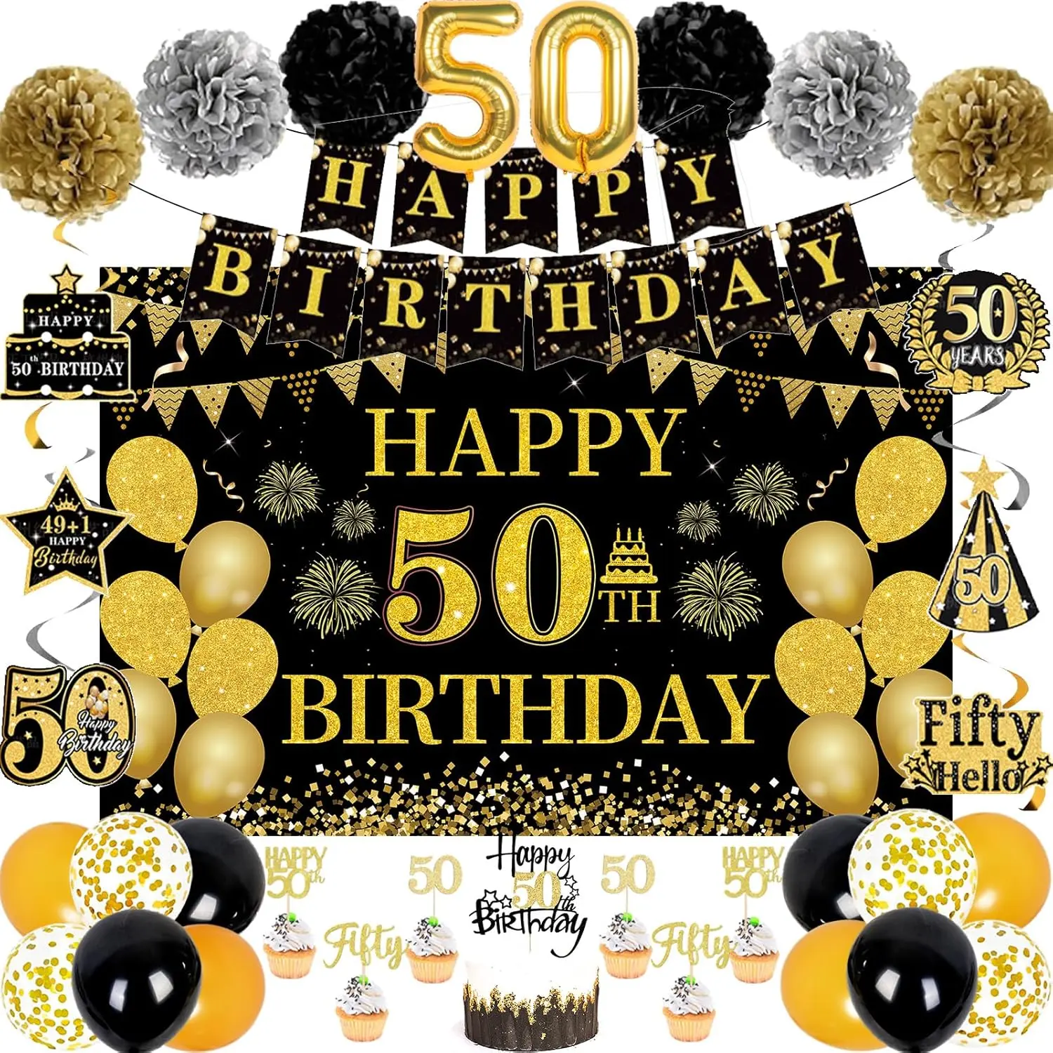 50th Birthday Decorations for Men Women, 46 count Black Happy 50 Year