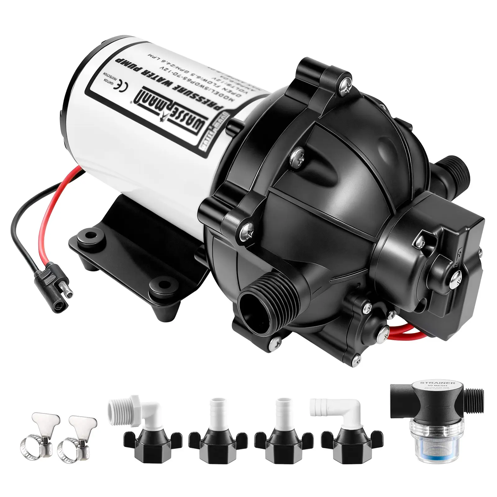 Wassermann 12V RV Fresh Water Pump for RV Users, 6.5 GPM, 70 PSI 5-Chamber Self-Priming Diaphragm Pump with Pressure Switch & Strainer