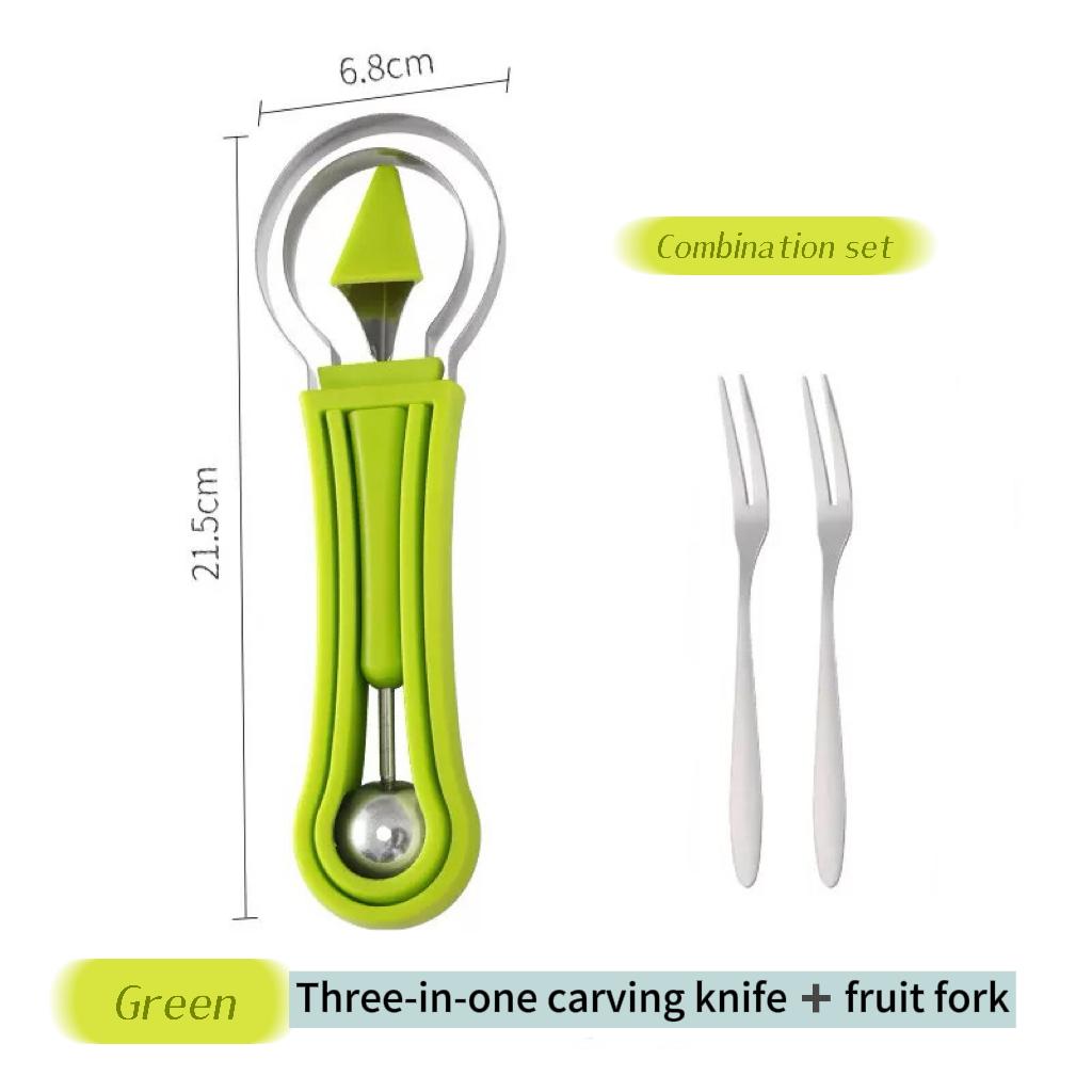 3-in-1 Stainless Steel Vegetable Fruit Cutter Set - Multifunctional Kitchen Utensil with Auto-Spinning Slicer, Melon Baller Scoop, Watermelon Cutter, Seed Remover for Fruit Salad, Party Prep,home essentials
