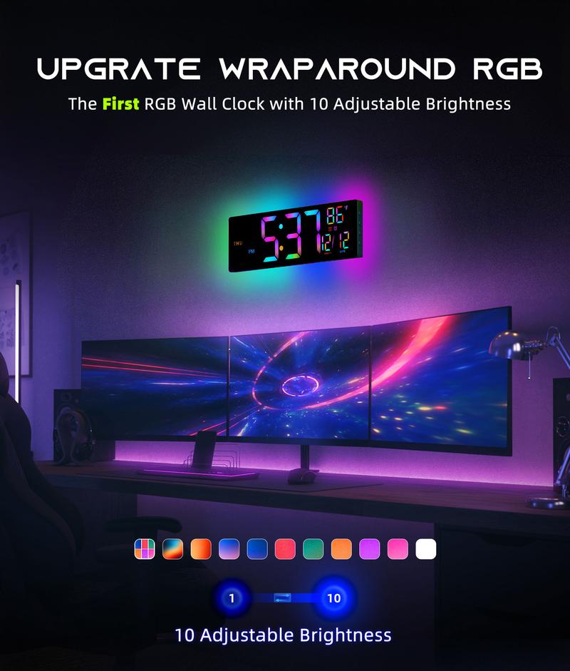 EASYERA 16.5"&12" Large 2 in 1 Digital Wall Clock with Remote Control, RGB Atmosphere Lights with 11 Scenes Mode, Dual Alarms with BIG LED Display, Teacher Classroom, Office, GameRoom, LivingRoom, Auto Dst Adjustment Timer Clock for ADHD, Christmas Gift