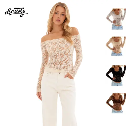 SCUSTY Women's Floral Lace Top V-Neck Long Sleeve Lace Blouse Sexy See Through Layering Top Shirts