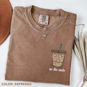 Comfort Colors Espresso On The Rocks Iced Coffee T-Shirt Trendy Coffee Graphic Tee Casual Men's Top Classic Fit 100% Cotton for Fall Coffee Gift