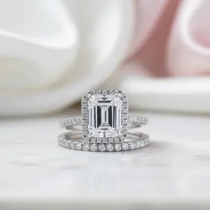 4.0ct Halo Emerald Cut Wedding Ring Set