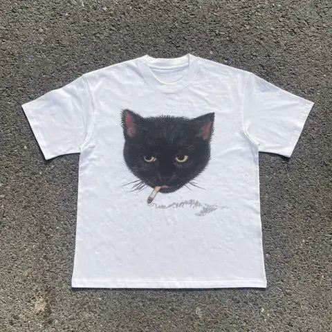 Y2k Smocking Cat T-Shirt, Unisex Vintage Graphic Tees Gothic Grunge Y2k Emo Scene Amity Affliction Style Clothes Men Women Streetwear