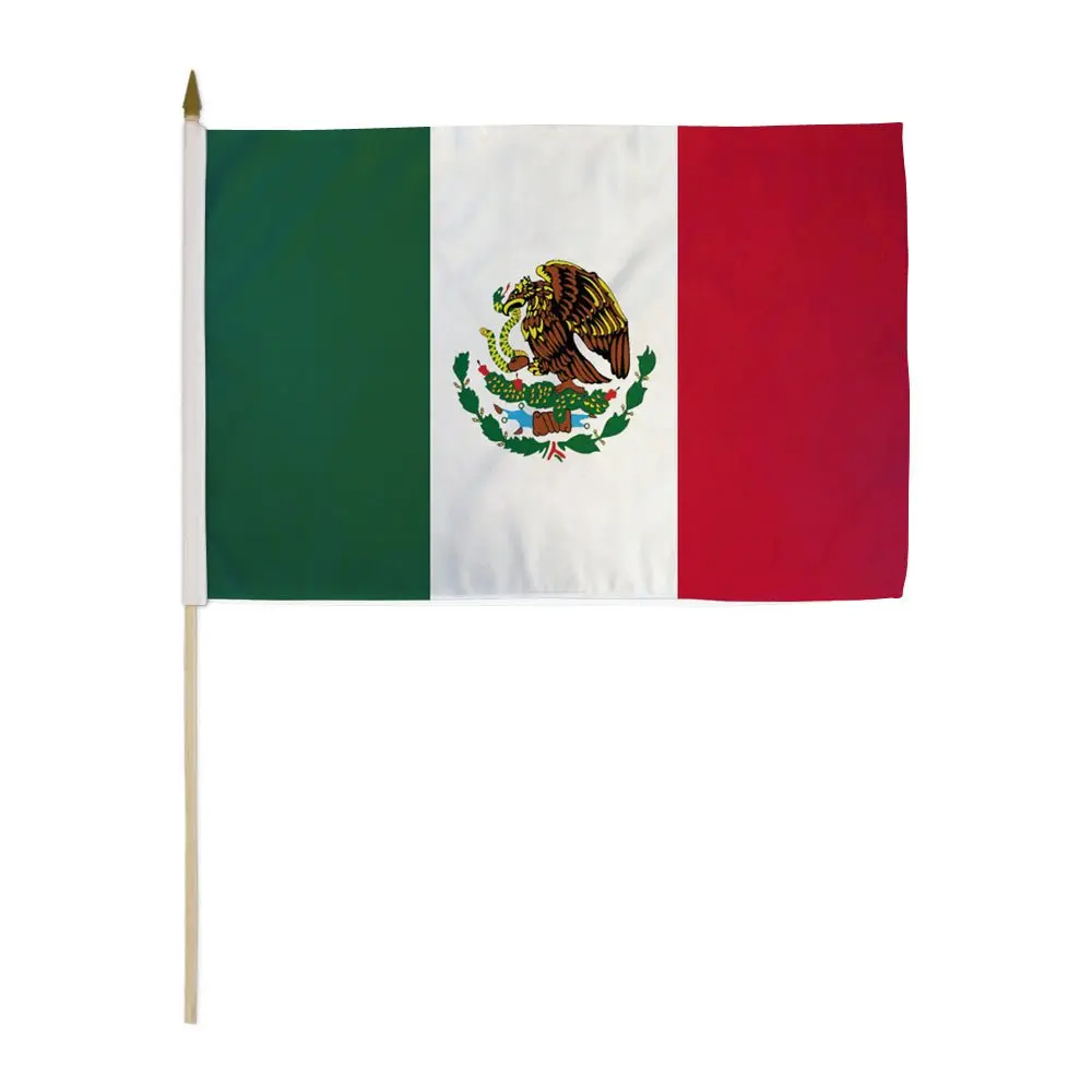 12x18in Mexico Plastic-Polyester Stick Flag, Wooden-Pole Mounted, Bright Print Banner for Parades, Decorating