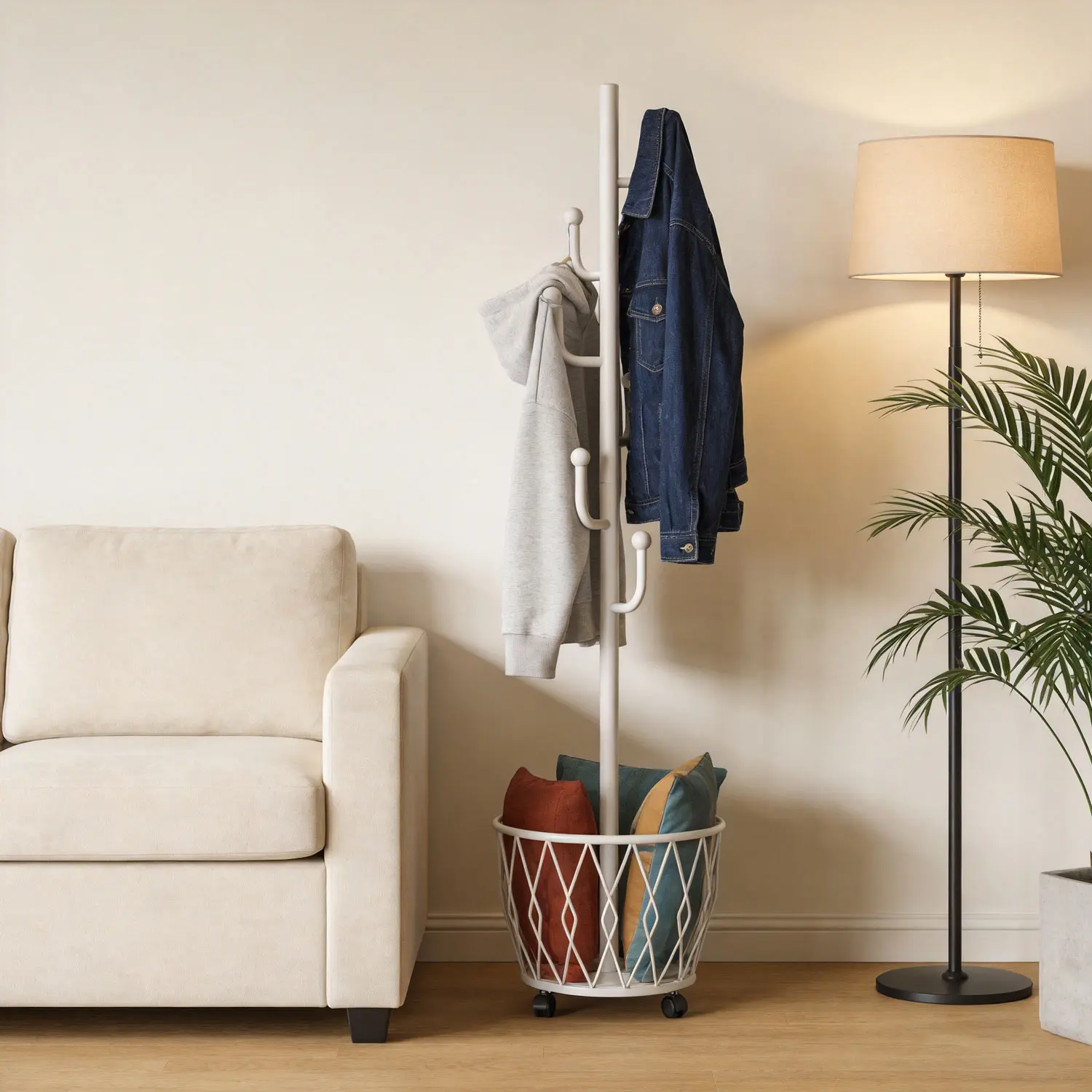 Modern White Cactus Coat Rack with Storage Basket, Multi Hooks - Freestanding Moveable Home Organizer for Jackets, Hats, Bags, Jumpers, Entryway Decor, Bedroom Use, Bohemian Style, Basket Keeps Clutter Off the Floor, Dorm Gift