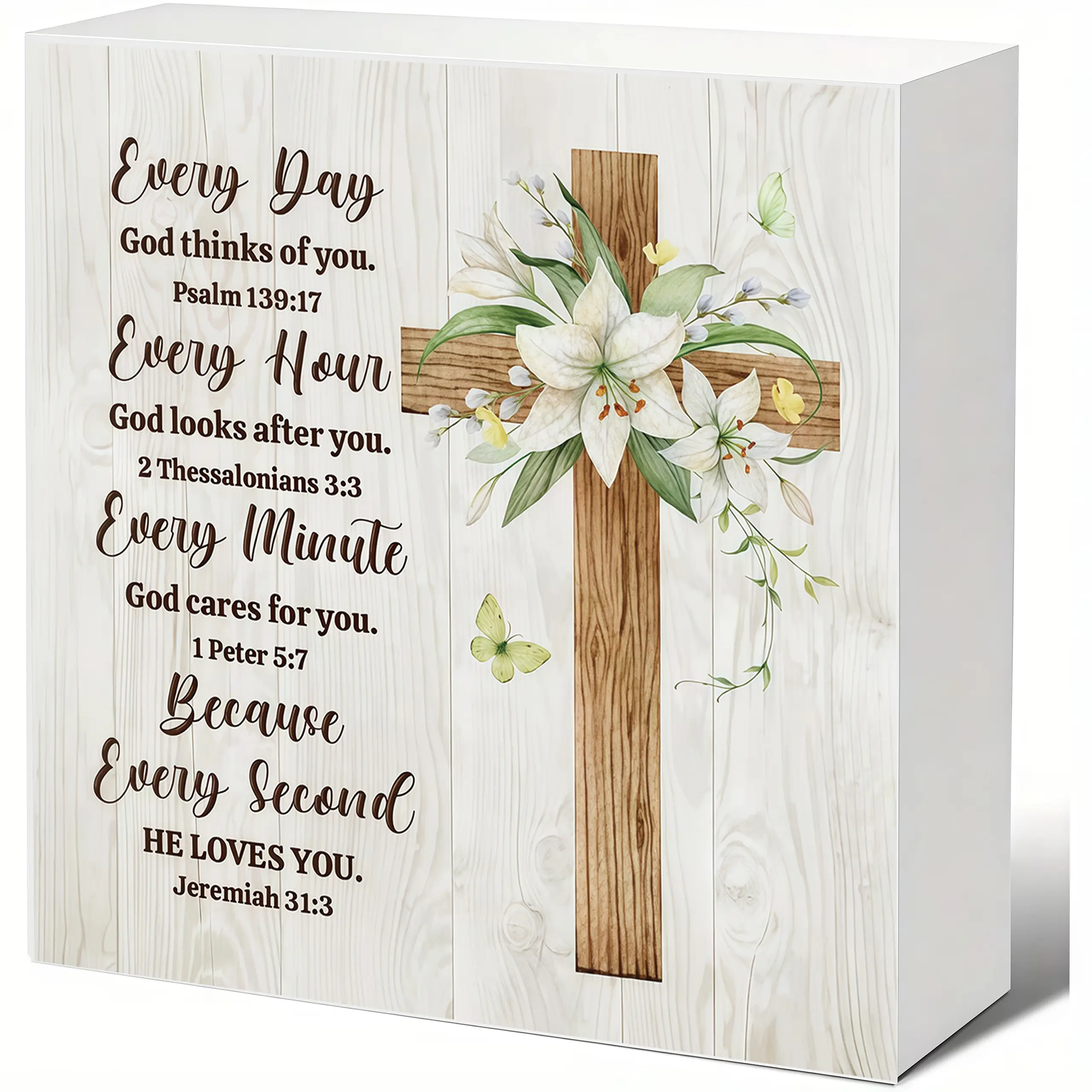 Every Day God Thinks of You Wooden Box Sign, Lily Cross Bible Verse Freestanding Wood Block, Christian Tabletop Decor, Religious Faith Gift for Birthday & Christmas