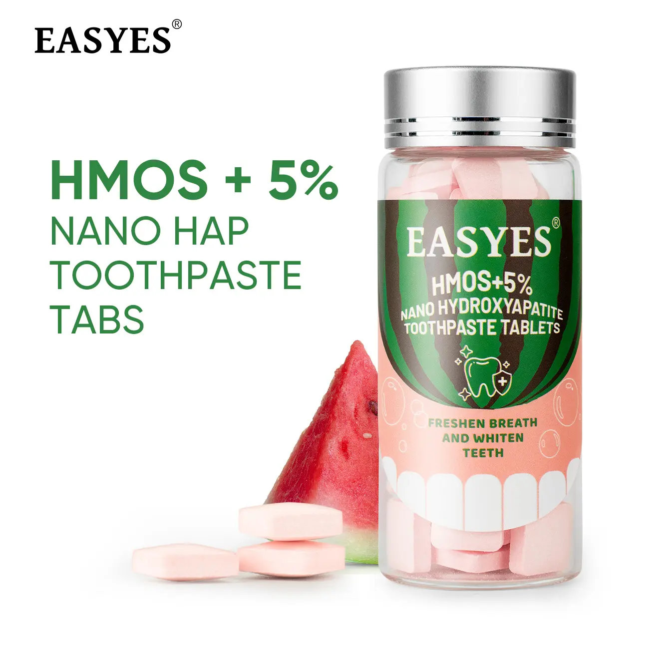 Easyes HMOs Fluoride-Free Travel Toothpaste Tablets - Probiotics, Mint Flavor, Nano Hydroxyapatite, Antibacterial, Whitening, Fresh Breath, Enamel Strengthening, Gentle, Residue-Free for Oral Care & Dating, Restore Functionality