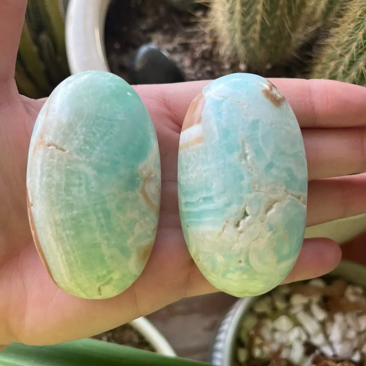One Blue Aragonite Palm Stone for Confidence and Balance
