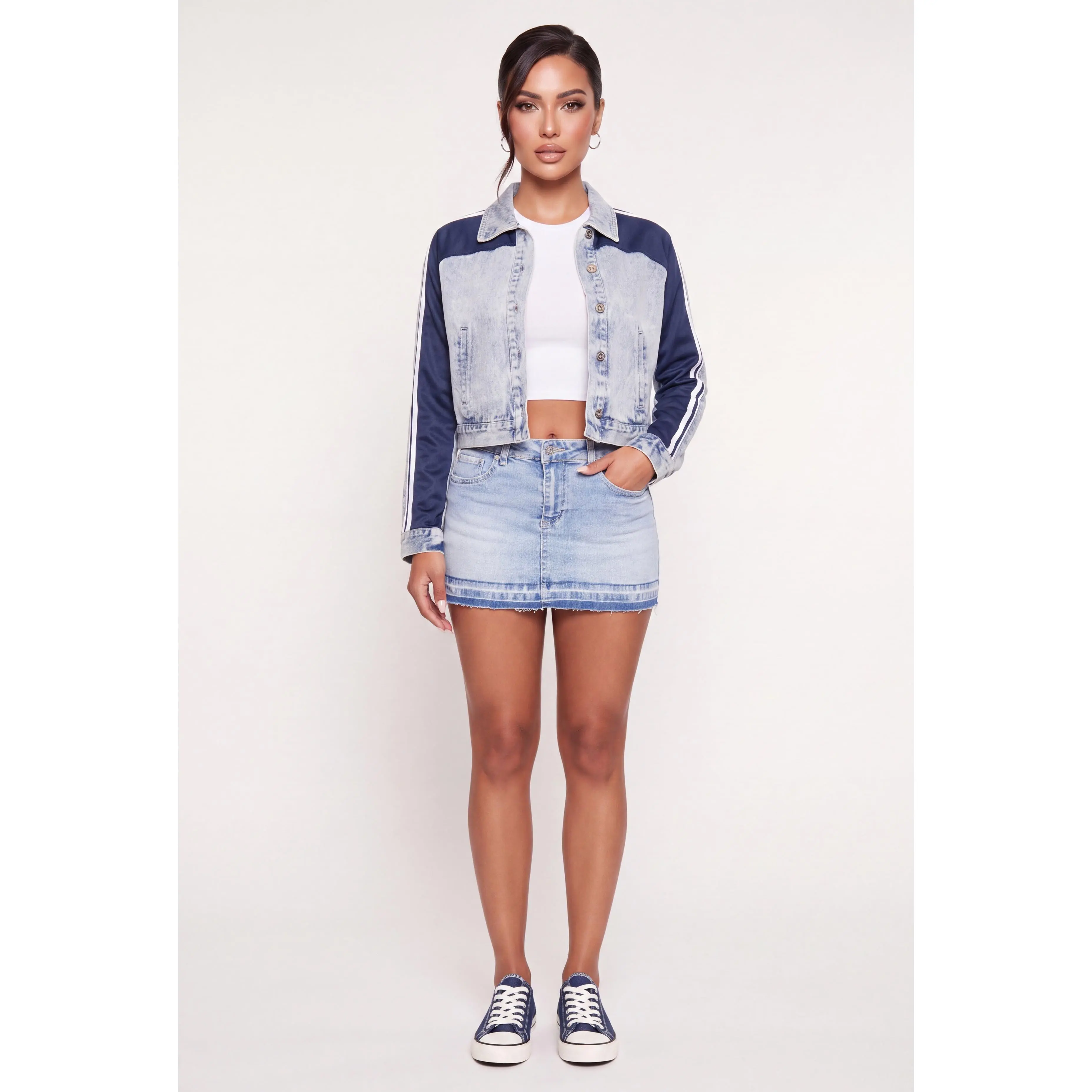 Varsity Side Stripe Mixed Media Denim Jacket