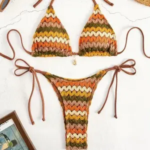 Women's Crochet Knit Bikini Set, Boho Chevron Stripe Triangle Halter Top with Tie Side Bottoms, Textured Two Piece Swimsuit for Beach Summer Vacation