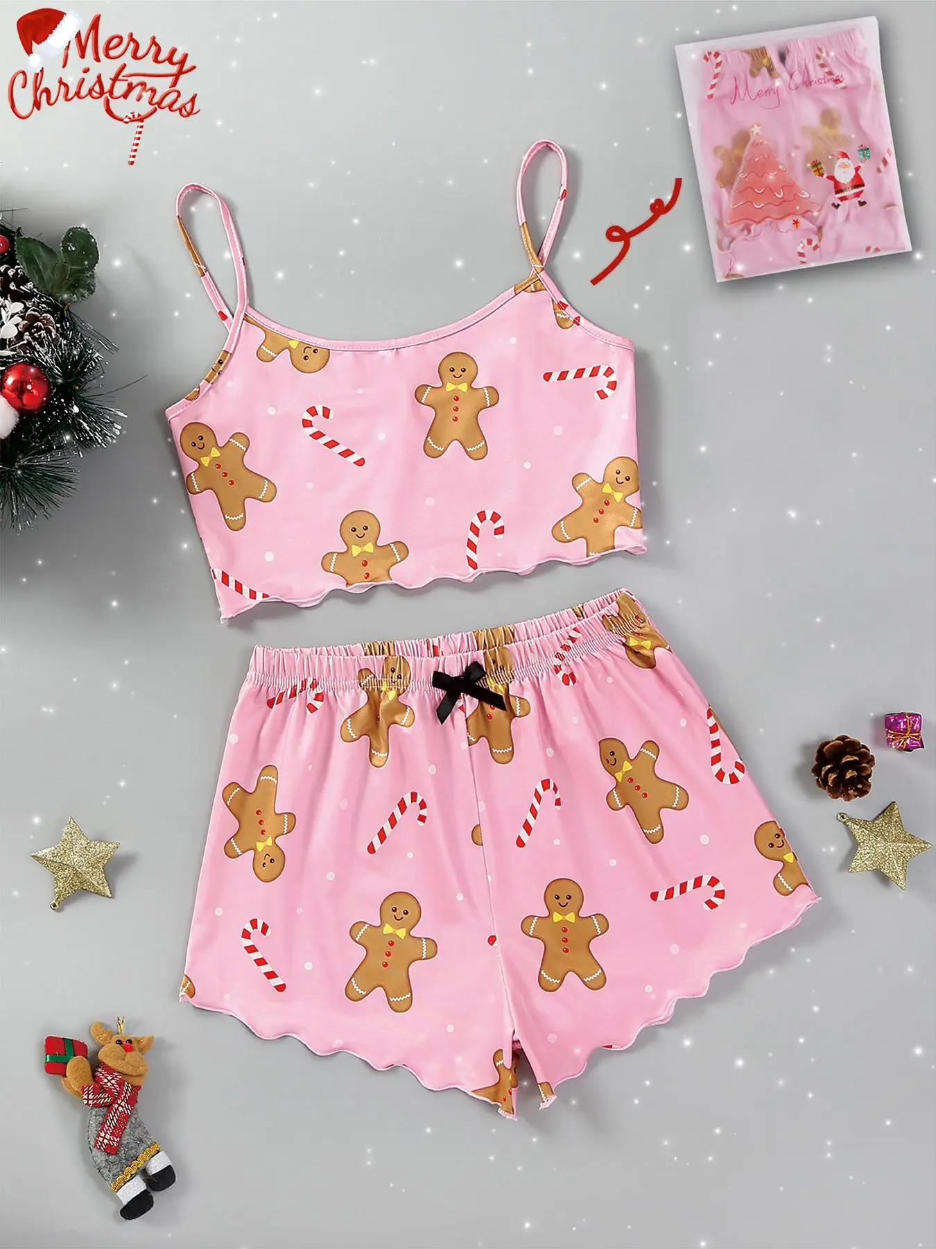 Two Pieces Women's Halloween Themed Matching Pajama Set, Chic Cartoon Print Cami Top & Bow Pj Shorts Loungewear Set for Fall, Lounge Sets, Halloween P