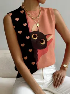 Women's Trendy Colorblock Cat Animal Print Sweater Vest, Casual Sleeveless Knit Top, Comfortable Breathable Spring Fall Autumn